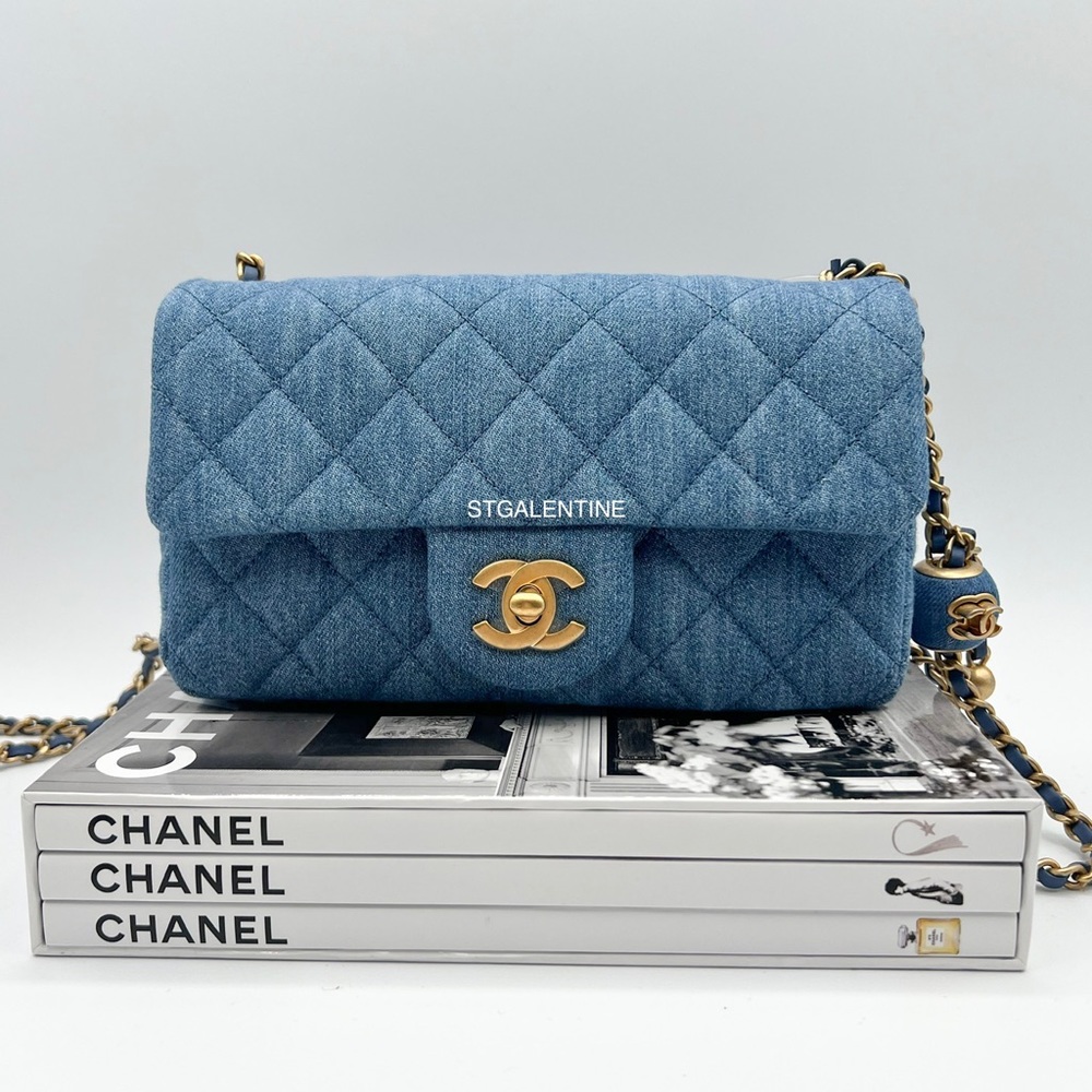22C Chanel Denim Blue Rectangular Pearl Crush